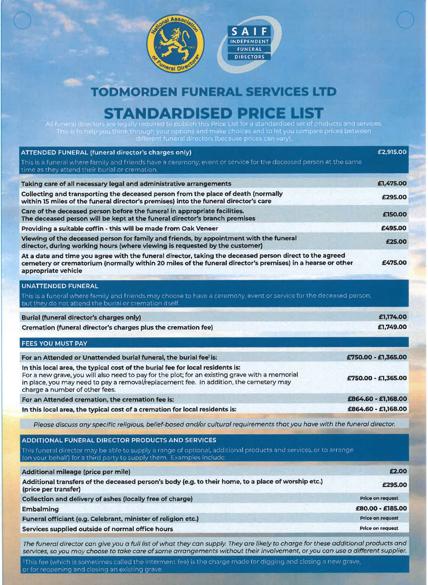 TFS Bespoke Price list
